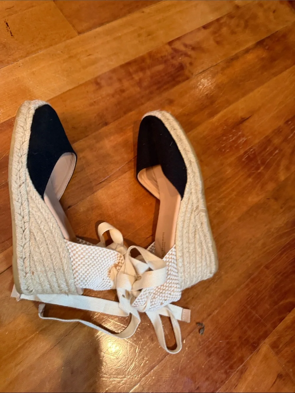 LK Bennett Black Canvas Espadrille Wedges with Cream Ankle Ties